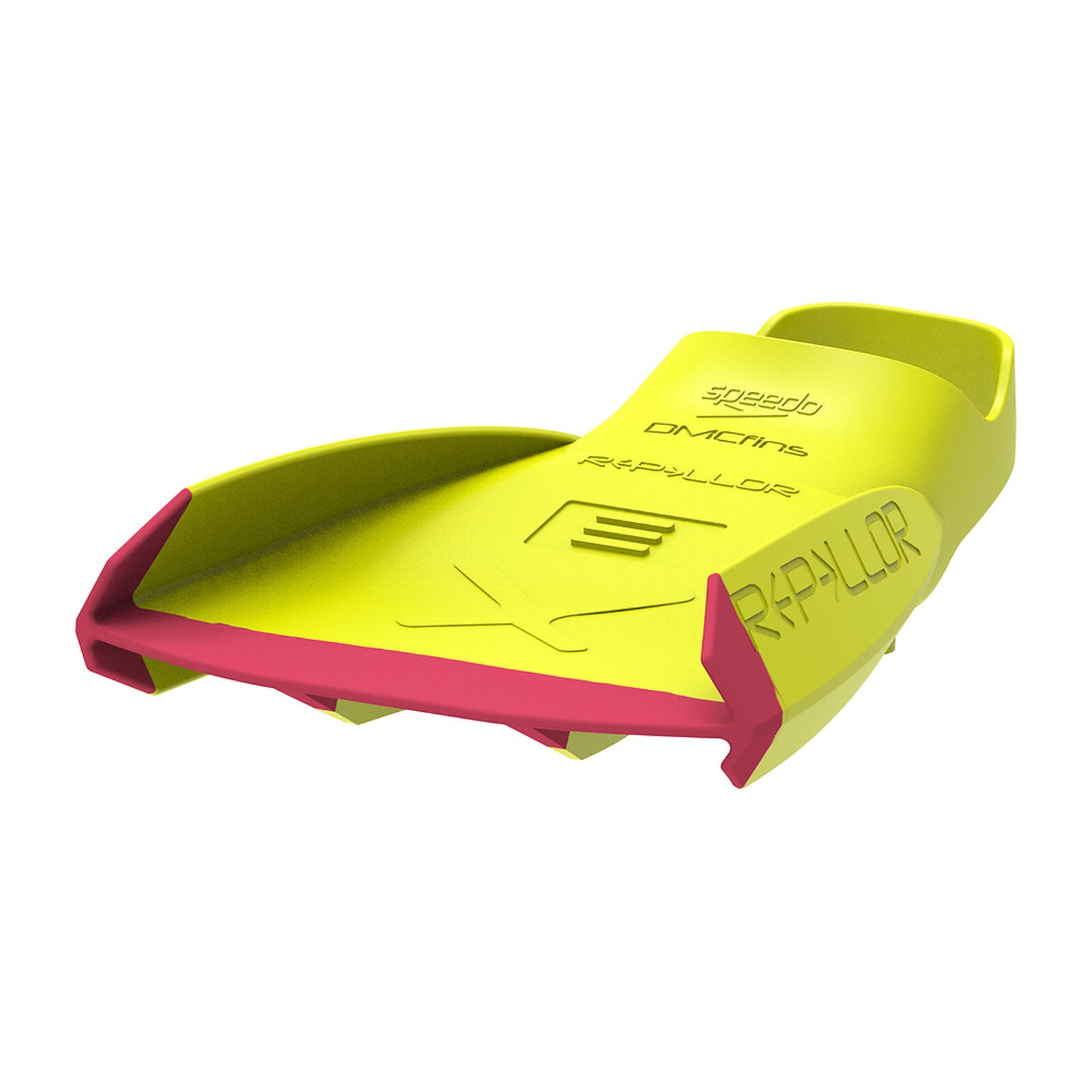 Yellow Speedo DMC  repellor diving fins with red tips on a white background