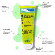 TRISWIM Chlorine Removal Body Wash in a yellow tube with green highlights, displaying the 'zen lime + mango' scent and additional product information.
