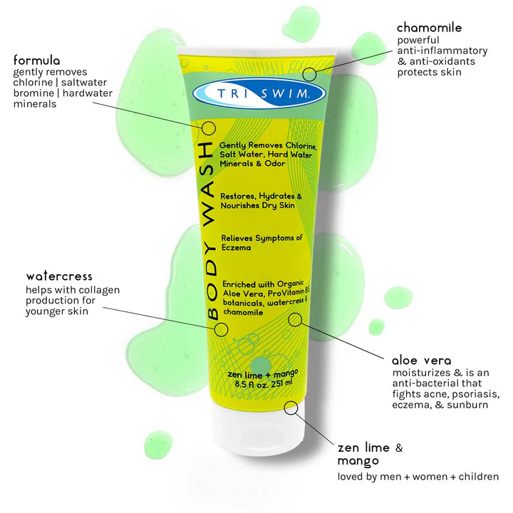 TRISWIM Chlorine Removal Body Wash in a yellow tube with green highlights, displaying the 'zen lime + mango' scent and additional product information.