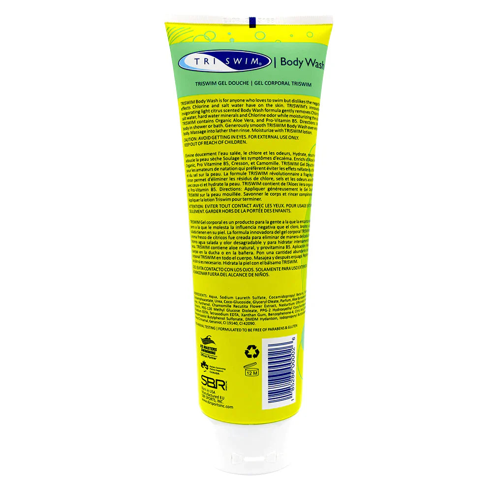 Back view of TRISWIM Chlorine Removal Body Wash in a yellow tube with green highlights, displaying the 'zen lime + mango' scent and additional product information and ingredients.