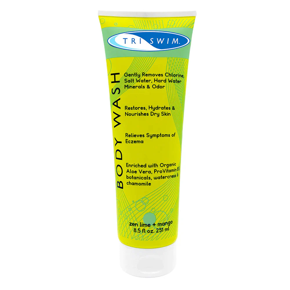 TRISWIM Chlorine Removal Body Wash in a yellow tube with green highlights, displaying the 'zen lime + mango' scent and additional product information.