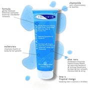 A tube of TRISWIM Chlorine Removal Shampoo with highlights of lime and tropical mango, indicating its scent. The packaging is blue with information bubbles about the product's benefits, such as moisturizing, soothing, and chlorine removal.