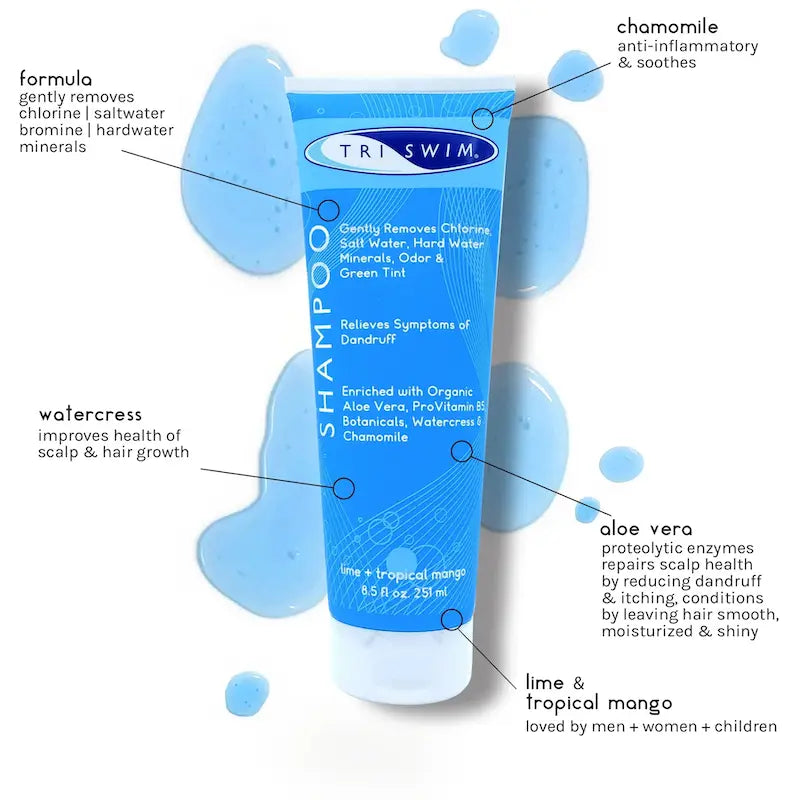 A tube of TRISWIM Chlorine Removal Shampoo with highlights of lime and tropical mango, indicating its scent. The packaging is blue with information bubbles about the product's benefits, such as moisturizing, soothing, and chlorine removal.