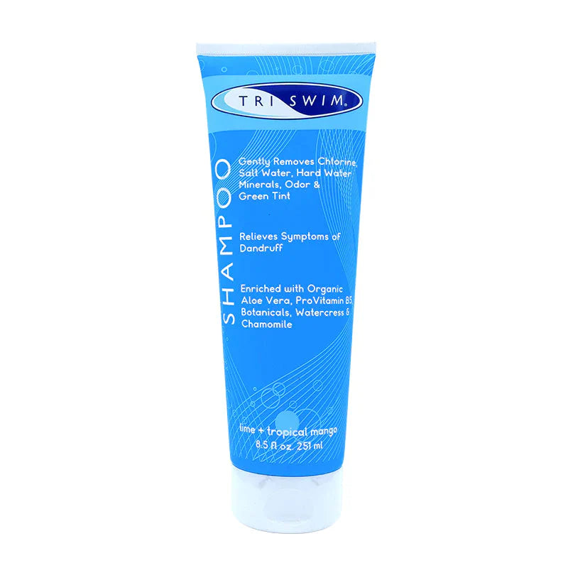 A tube of TRISWIM Chlorine Removal Shampoo with highlights of lime and tropical mango, indicating its scent. The packaging is blue.