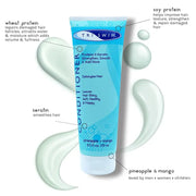 TRISWIM Conditioner bottle with highlights of pineapple and mango scents, and Keratin protein feature. The product is presented in a blue tube.