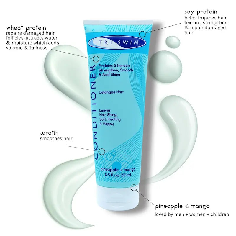 TRISWIM Conditioner bottle with highlights of pineapple and mango scents, and Keratin protein feature. The product is presented in a blue tube.