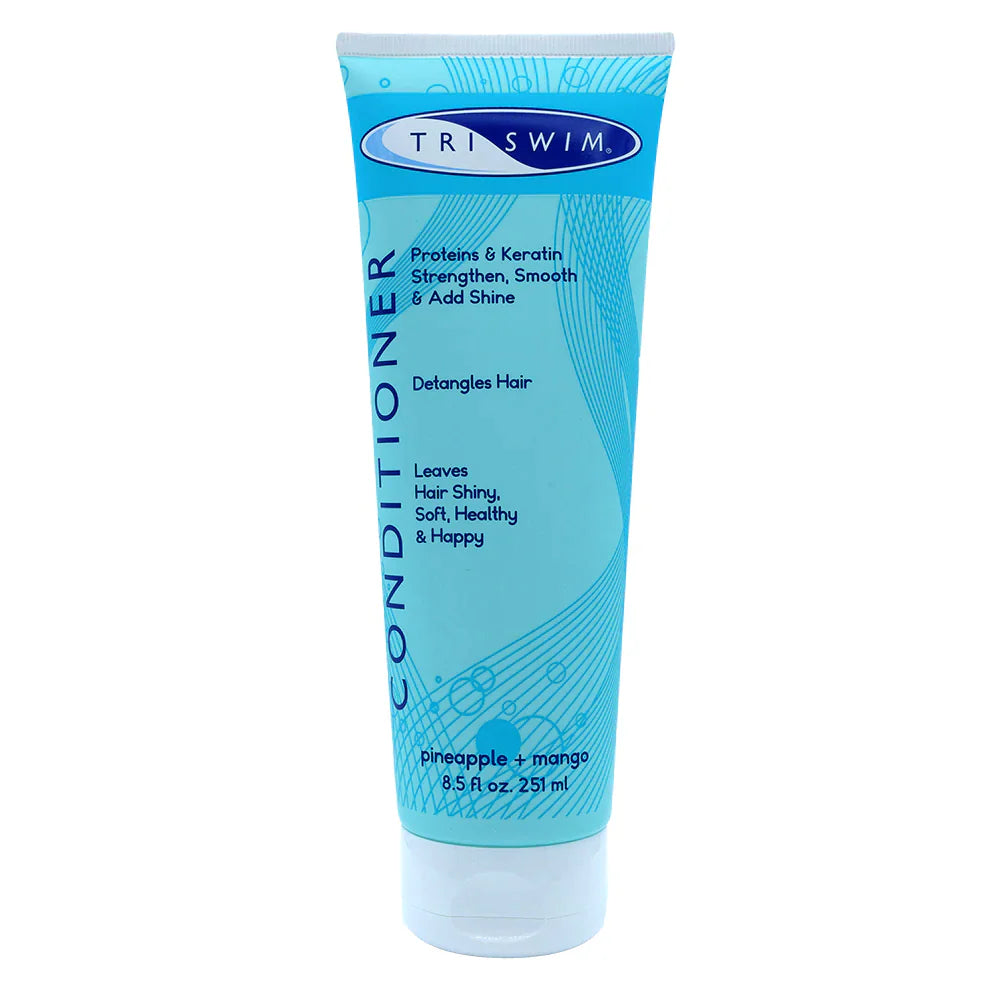 TRISWIM Conditioner bottle with highlights of pineapple and mango scents, and Keratin protein feature. The product is presented in a blue tube.