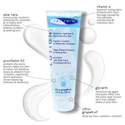 Tri Swim citrus grapefruit lotion tube with labeled ingredients on a white background