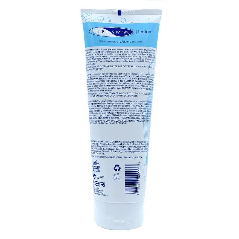 Tube of Triswim lotion with text and branding on a white background