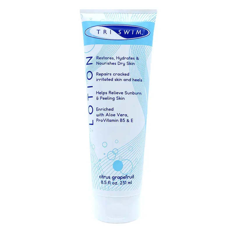 Tri Swim citrus grapefruit lotion tube on a white background.