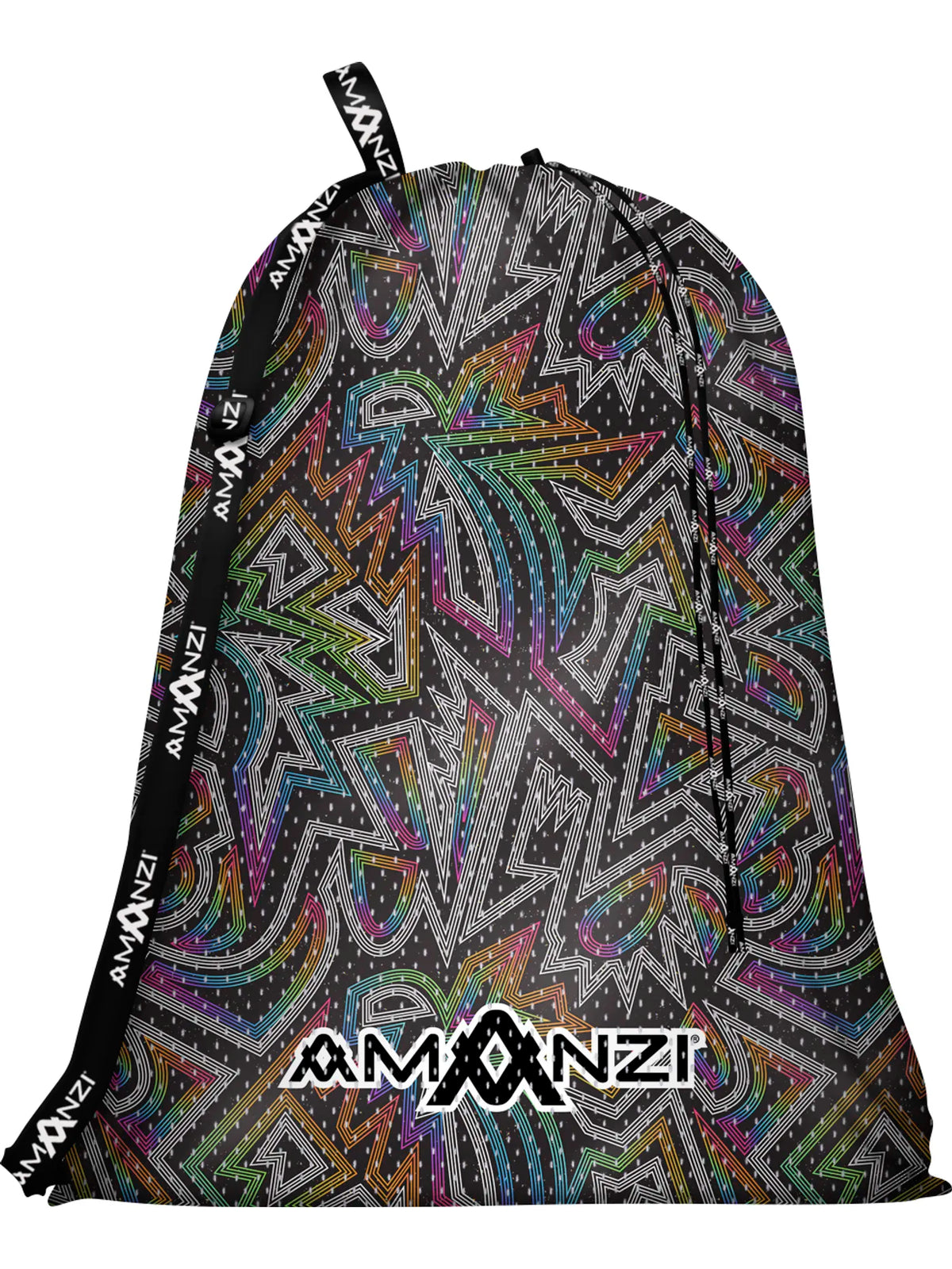A swimming mesh bag with a rainbow coloured jagged pattern, black strap and Amanzi branding