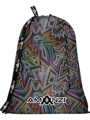 A swimming mesh bag with a rainbow coloured jagged pattern, black strap and Amanzi branding