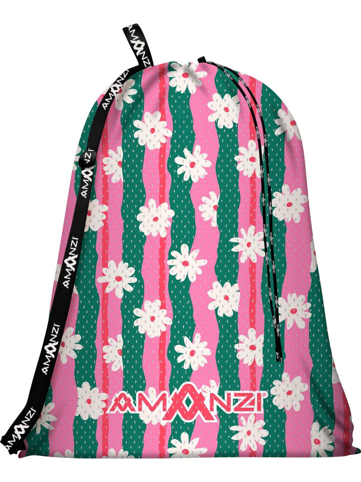 A swimming mesh bag with a pink and green wave pattern and white daisies with a black strap and Amanzi branding