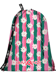 A swimming mesh bag with a pink and green wave pattern and white daisies with a black strap and Amanzi branding