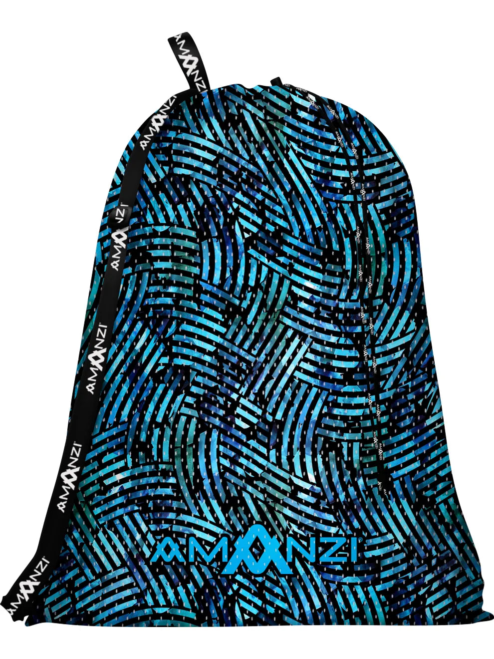 Drawstring bag with blue and black pattern and 'Amanzi' branding on a white background