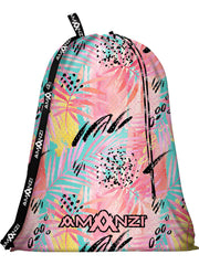 A swimming mesh bag with pink palm trees and splashes of black, turquoise and yellow with a black strap and Amanzi branding
