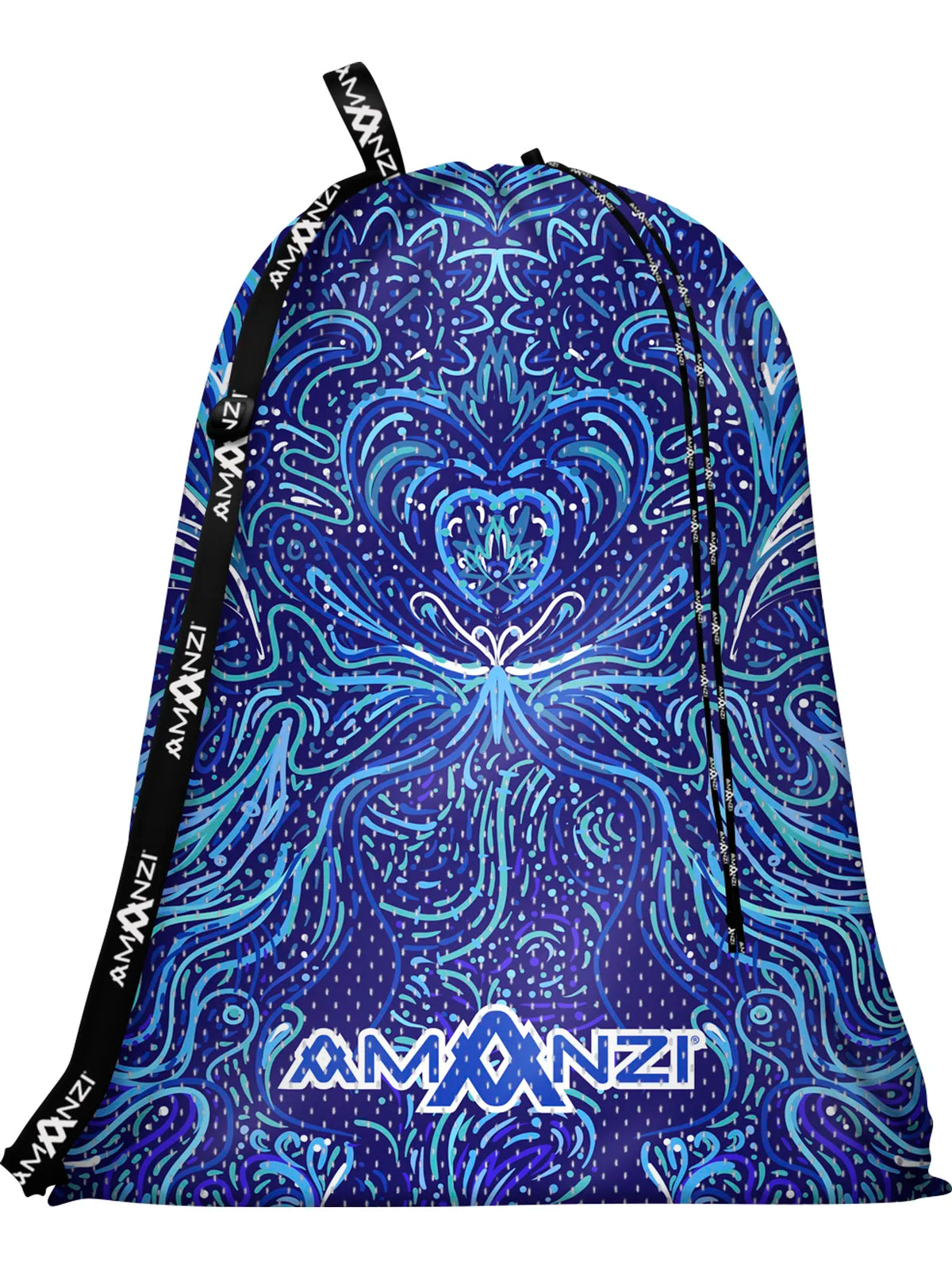 A swimming mesh bag with a swirled pattern in shades of blue, a black strap and Amanzi branding.