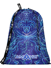 A swimming mesh bag with a swirled pattern in shades of blue, a black strap and Amanzi branding.