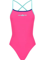 Pink swimsuit with turquoise straps and 'Amanzi' branding on a white background