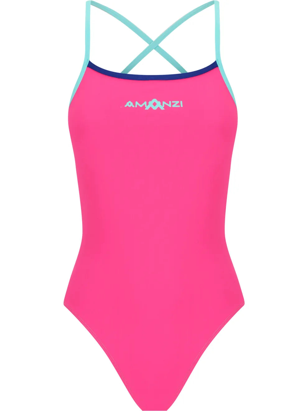 Pink swimsuit with turquoise straps and 'Amanzi' branding on a white background