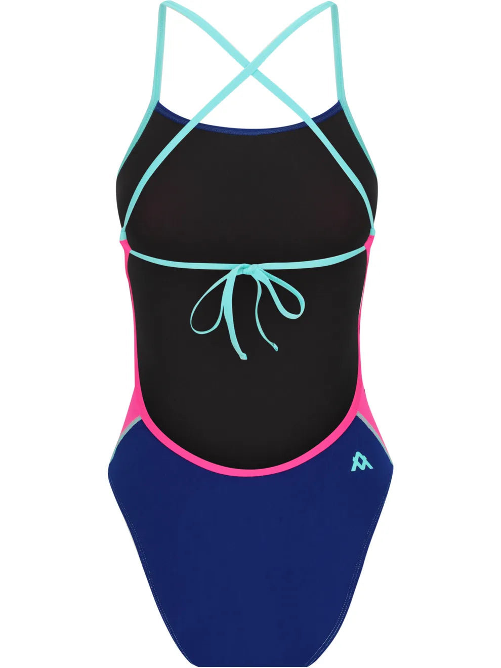 Back view of a pink swimsuit a blue bottom and criss-cross turquoise tied straps on a white background