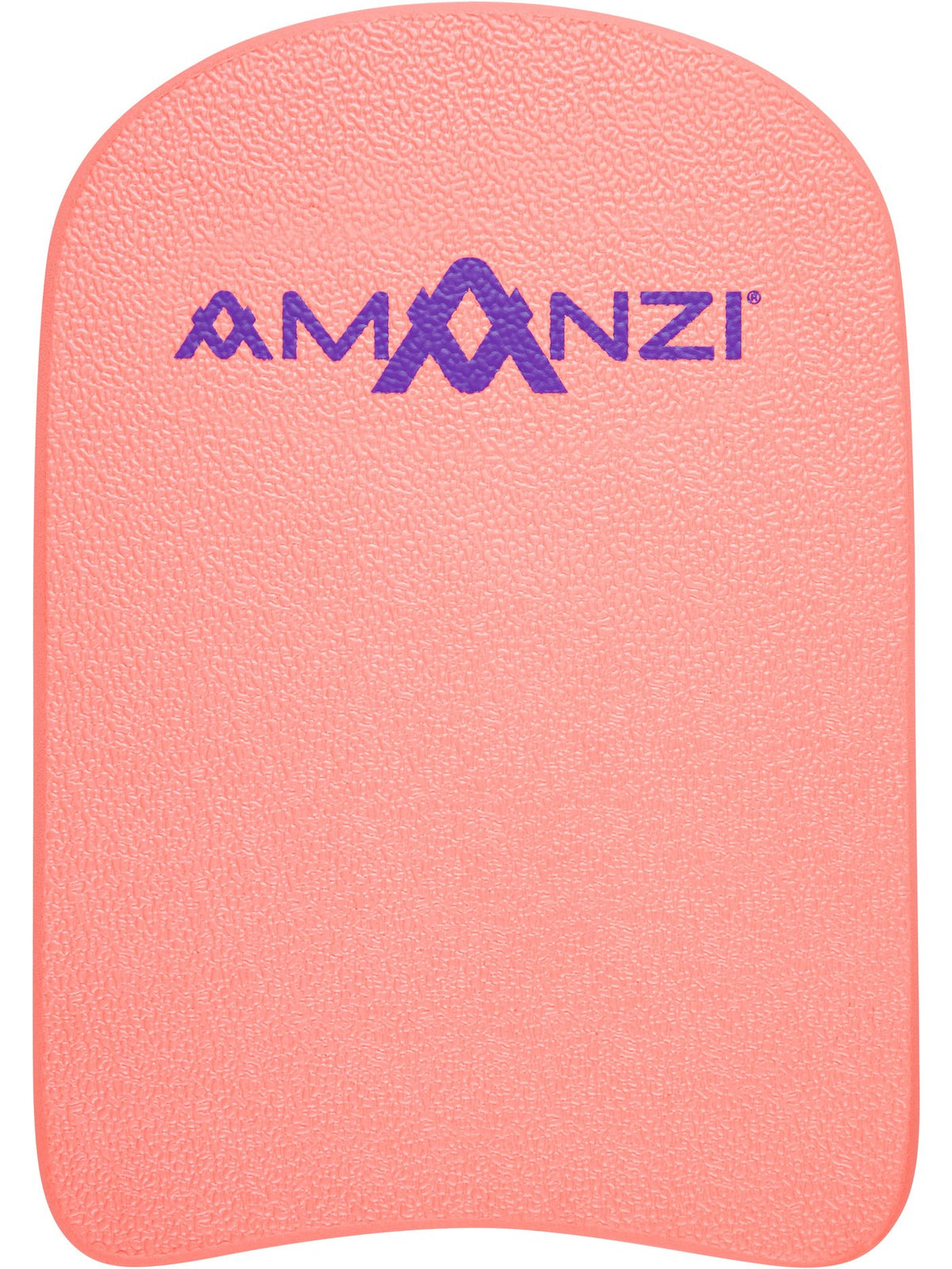 A peach coloured swimming kickboard with the AMANZI logo printed on the front in purple