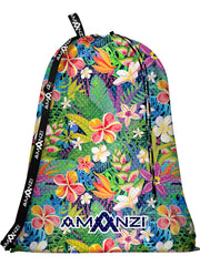 Drawstring bag with tropical floral pattern and 'Amanzi' branding on a white background