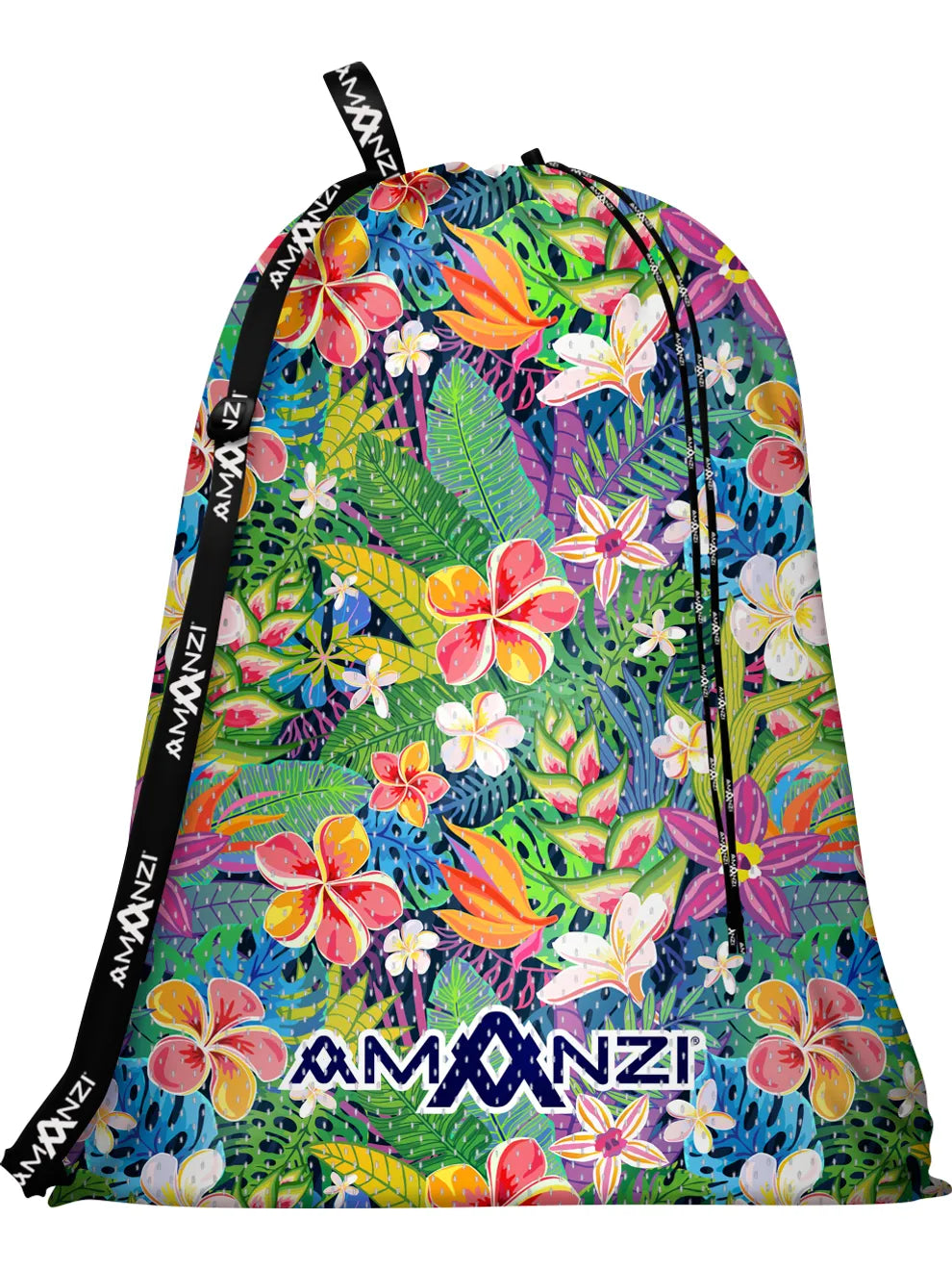 Drawstring bag with tropical floral pattern and 'Amanzi' branding on a white background
