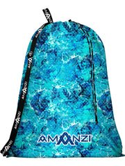 Drawstring bag with a blue marble pattern and 'Amanzi' branding on a white background