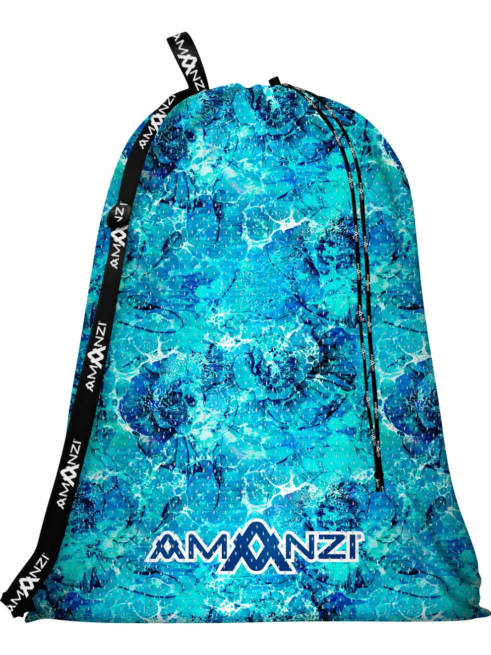 Drawstring bag with a blue marble pattern and 'Amanzi' branding on a white background