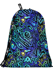 Drawstring bag with a colourful blue, green and yellow abstract design and 'amanzi' branding on a white background