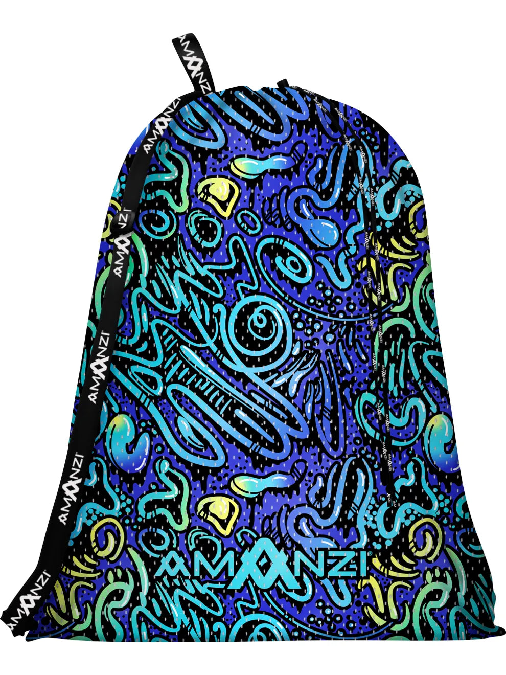 Drawstring bag with a colourful blue, green and yellow abstract design and 'amanzi' branding on a white background