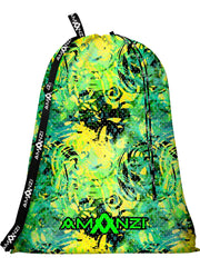 Drawstring bag with green and yellow abstract design and 'AMANZI' branding on a white background.