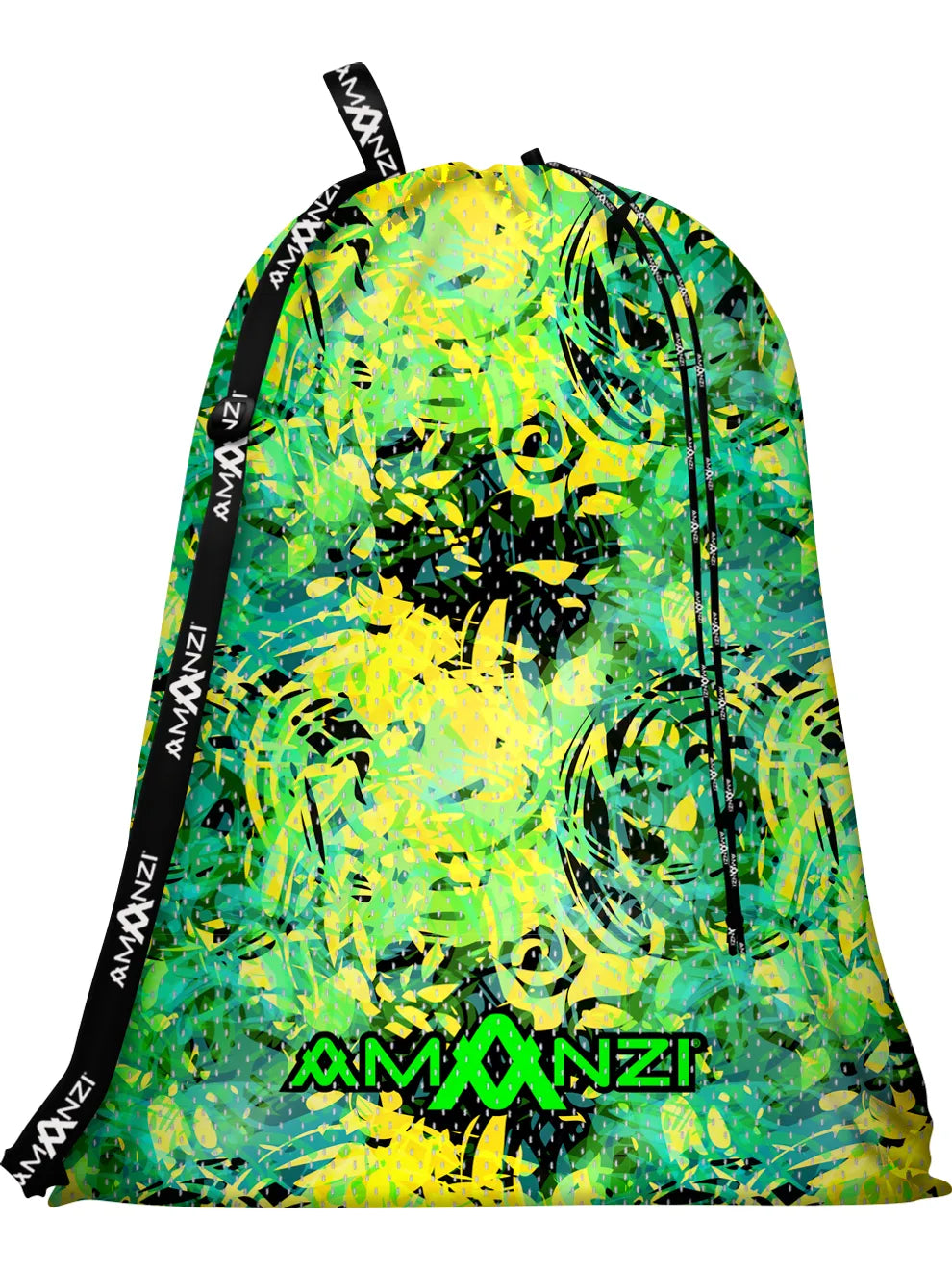 Drawstring bag with green and yellow abstract design and 'AMANZI' branding on a white background.