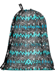Drawstring bag with blue and green zig zag pattern and 'Amanzi' branding on a white background