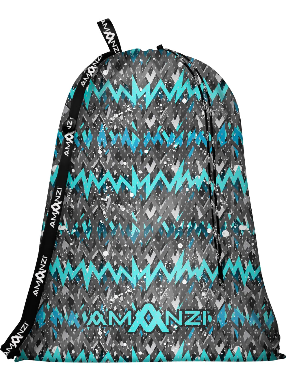Drawstring bag with blue and green zig zag pattern and 'Amanzi' branding on a white background