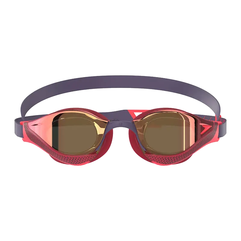A pair of swim goggles with a translucent pink and red frame, dark purple straps, and brown-tinted lenses, shown against a plain white background.