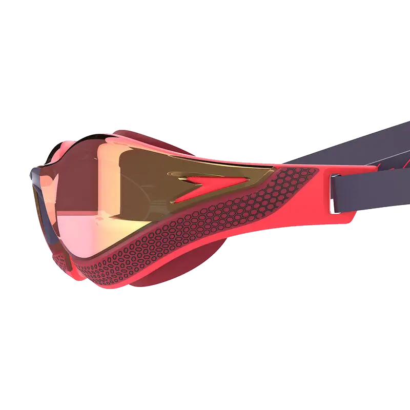 A pair of autumn red smoke speedo fastskin pure focus goggles with a reflective gold-tinted lens, shown from a side profile view on a solid white background.