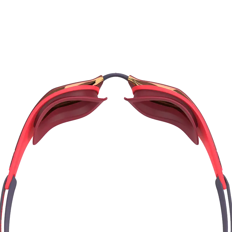 Close-up rear view of autumn red smoke and dark gray speedo fastskin goggles with gold metal hinges on a solid white background.