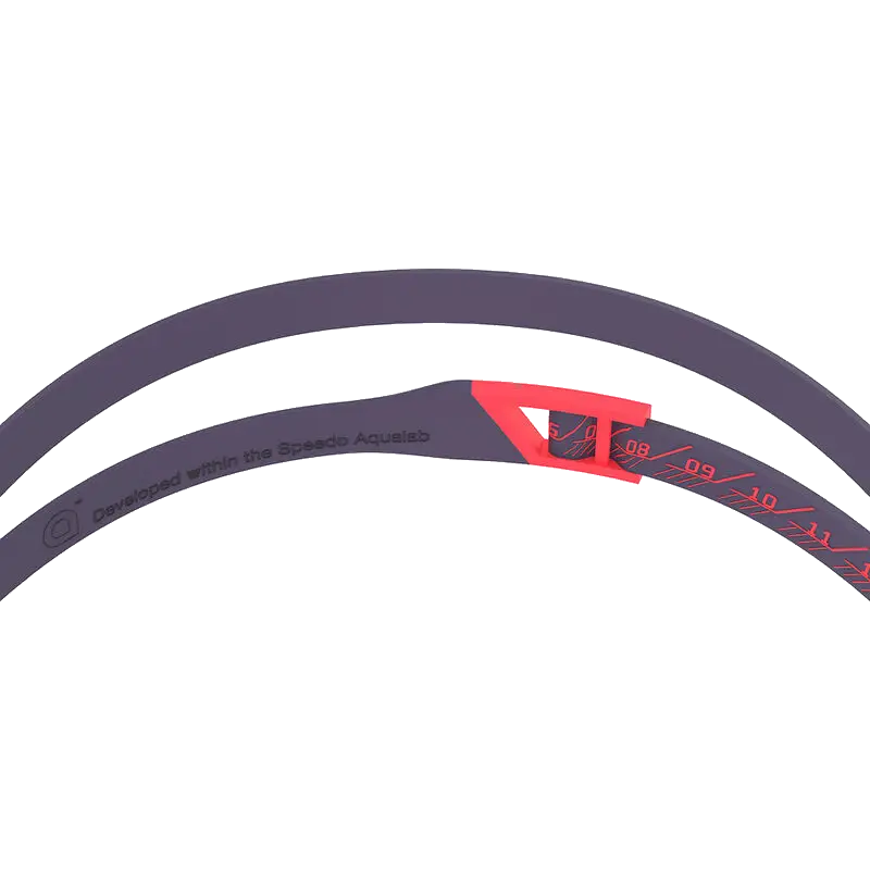A close-up of a dark gray Speedo fastskin pure focus goggle strap showing the inner band with red printed sizing markings.