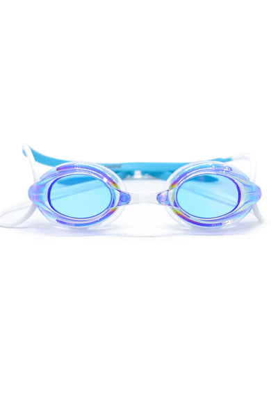Front view of blue swim goggles with blue lenses on a white background