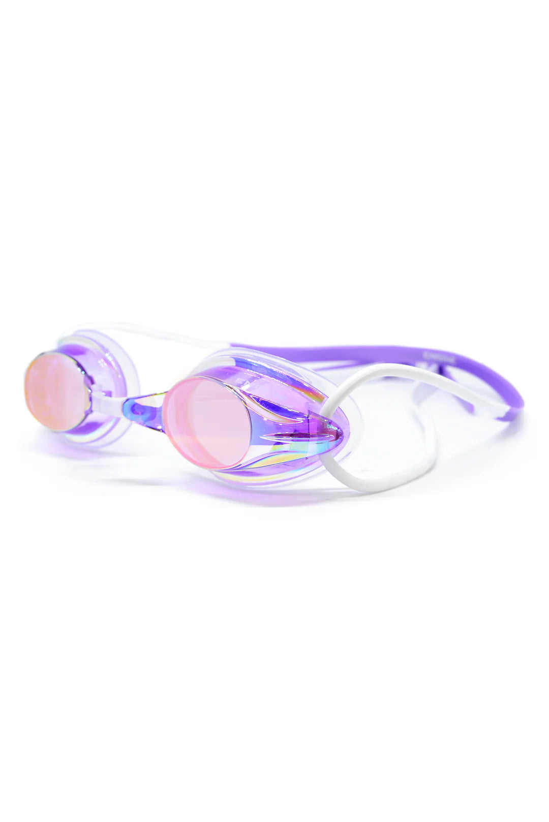 Purple swim goggles with purple lenses on a white background
