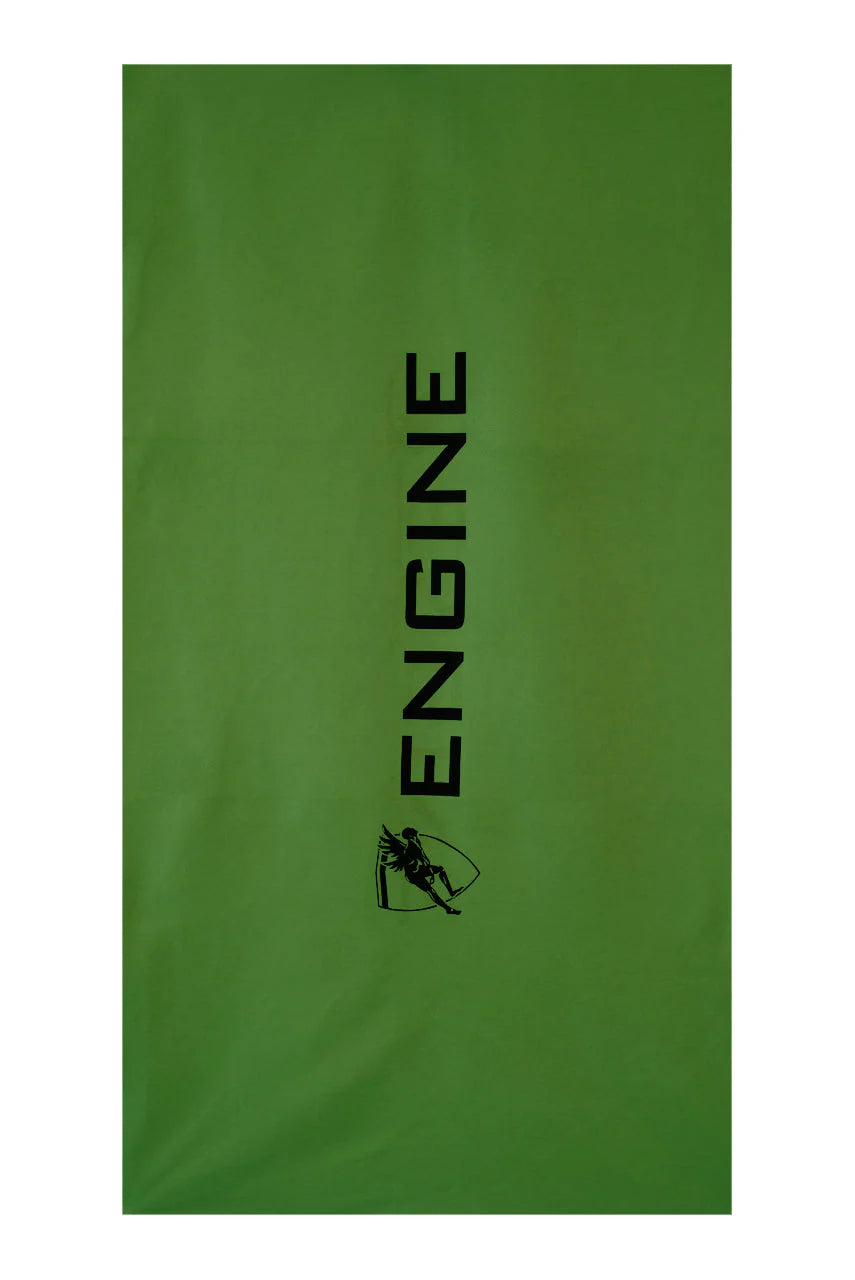 Green/army coloured towel with 'ENGINE' logo on a white background