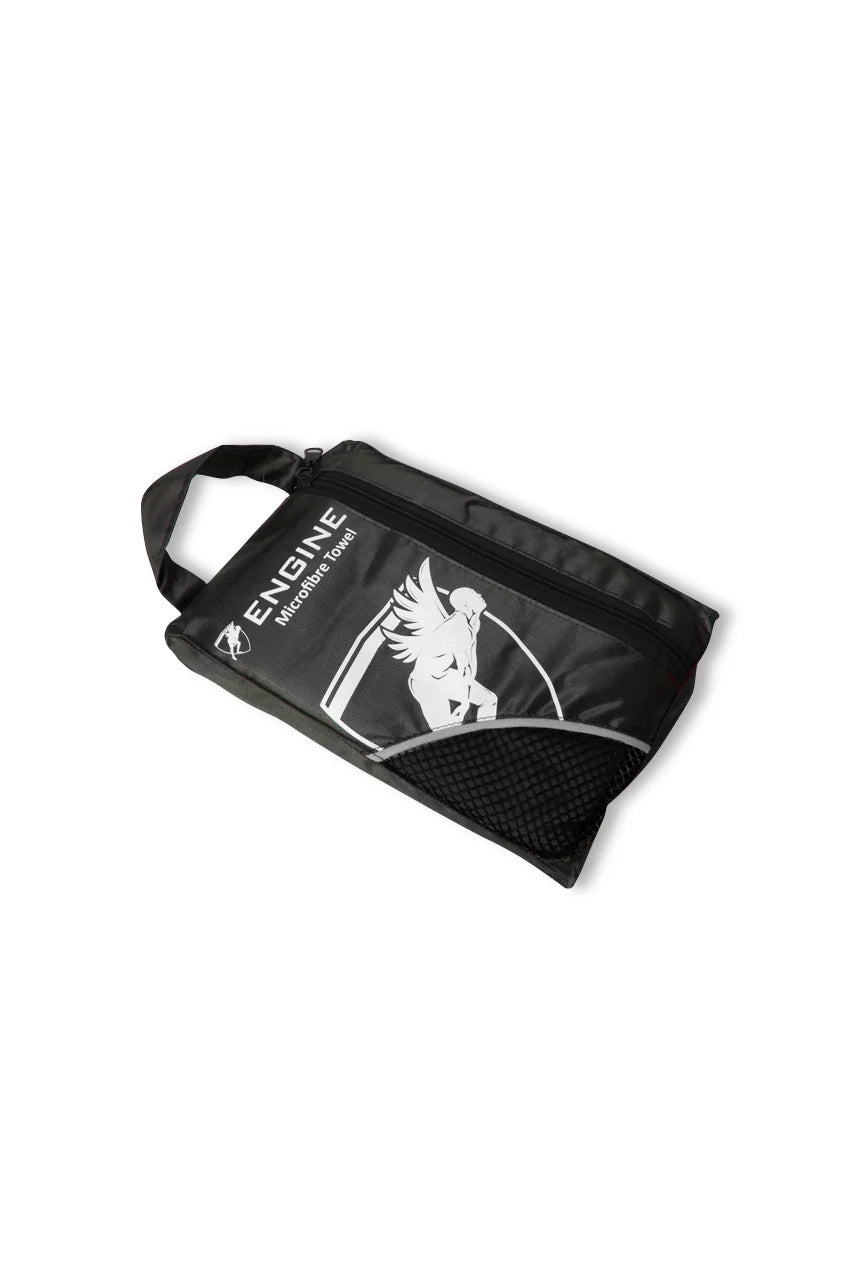 Black micro fibre bag from Engine swimwear with white graphics and text on a white background