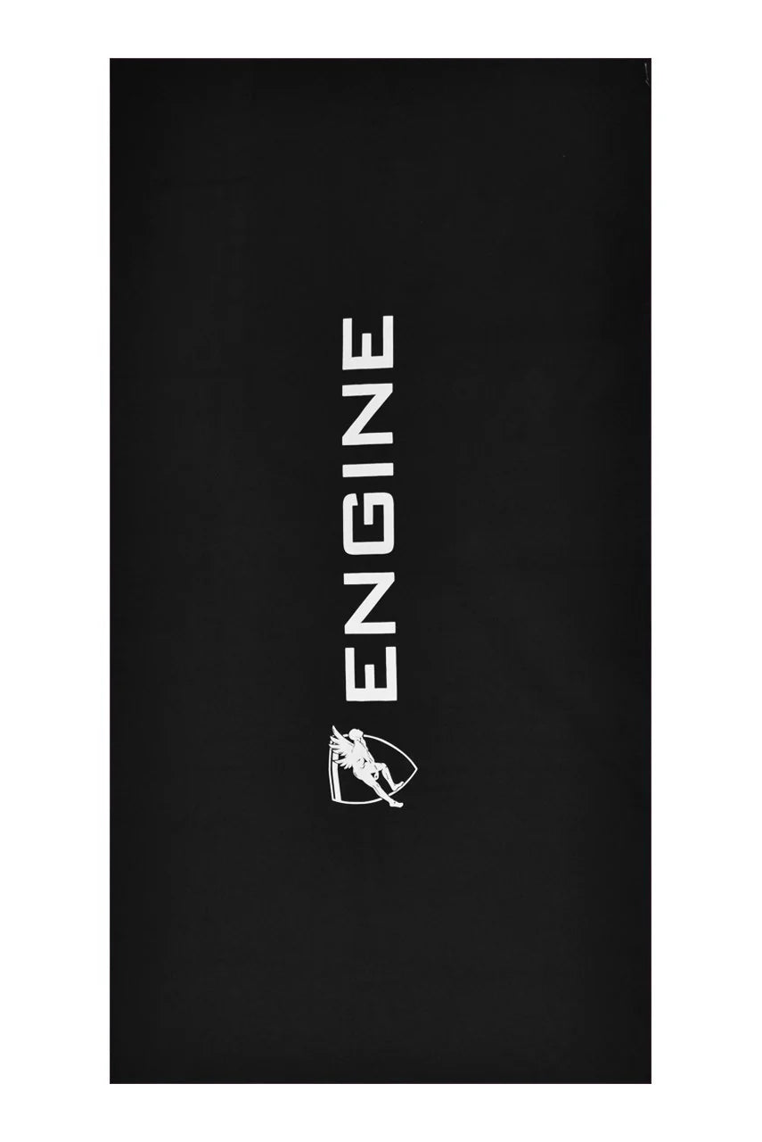 Black micro fibre towel with 'ENGINE' branding on a white background