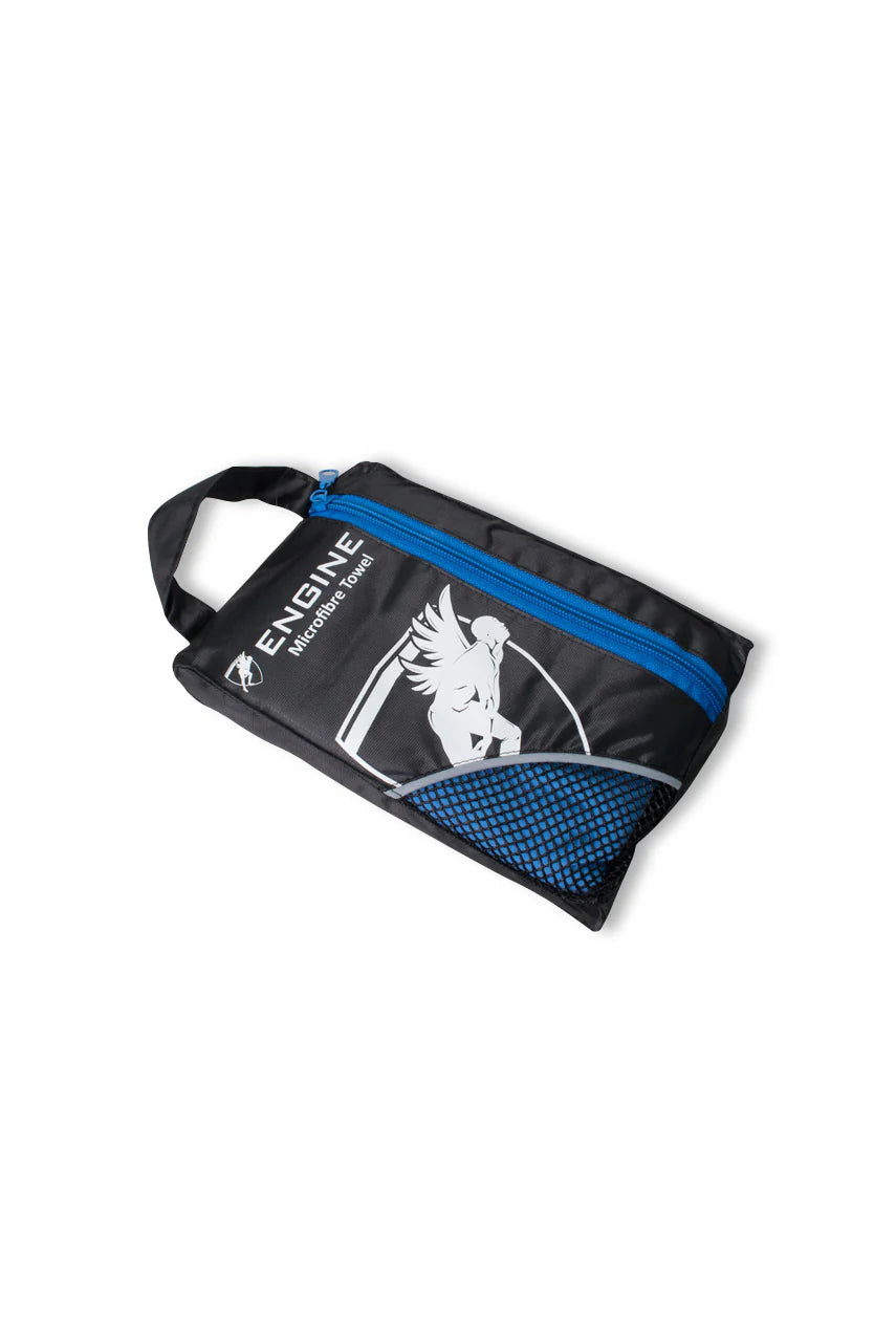 Black and blue bag with a logo on a white background