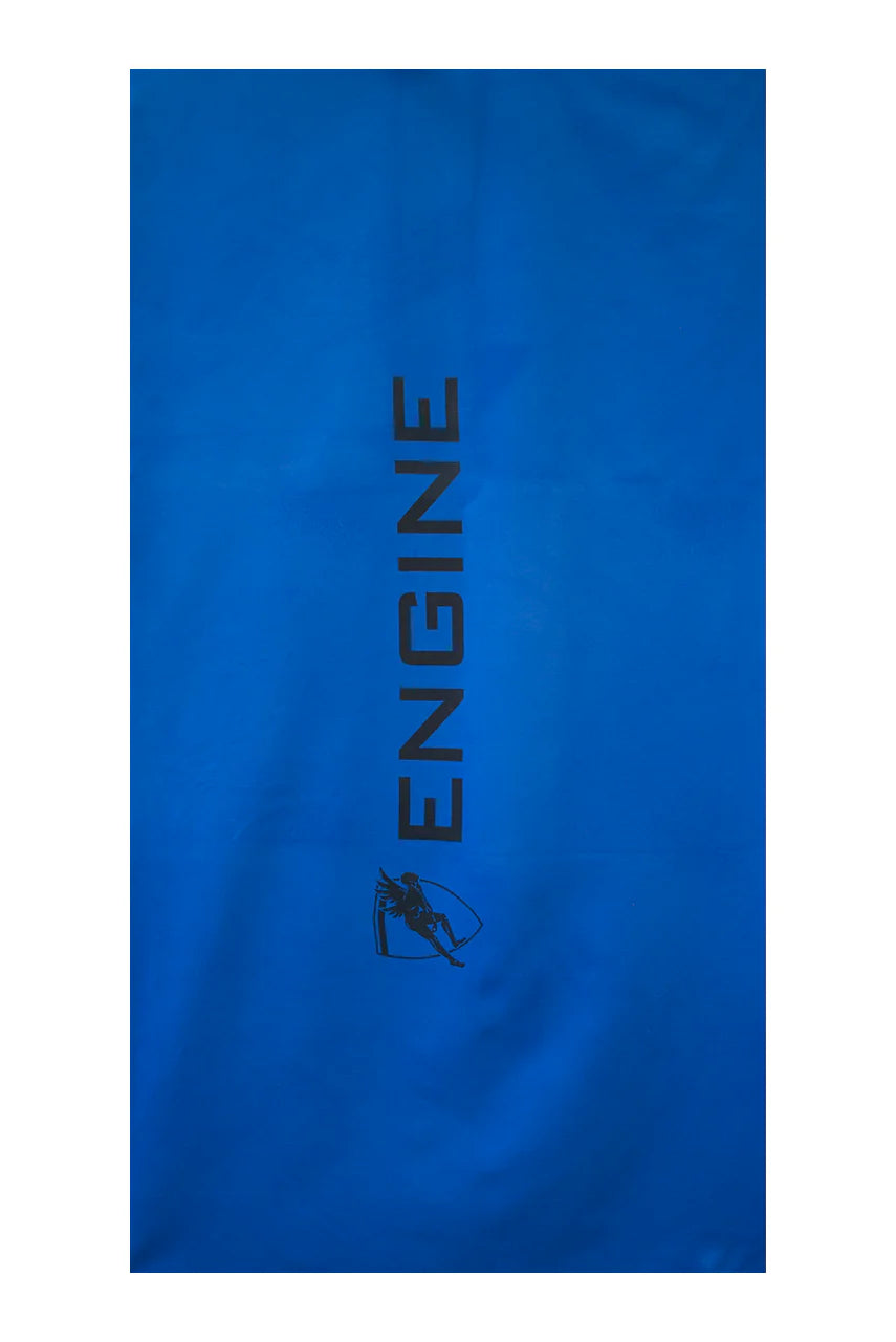 Blue towel with 'ENGINE' branding on a white background