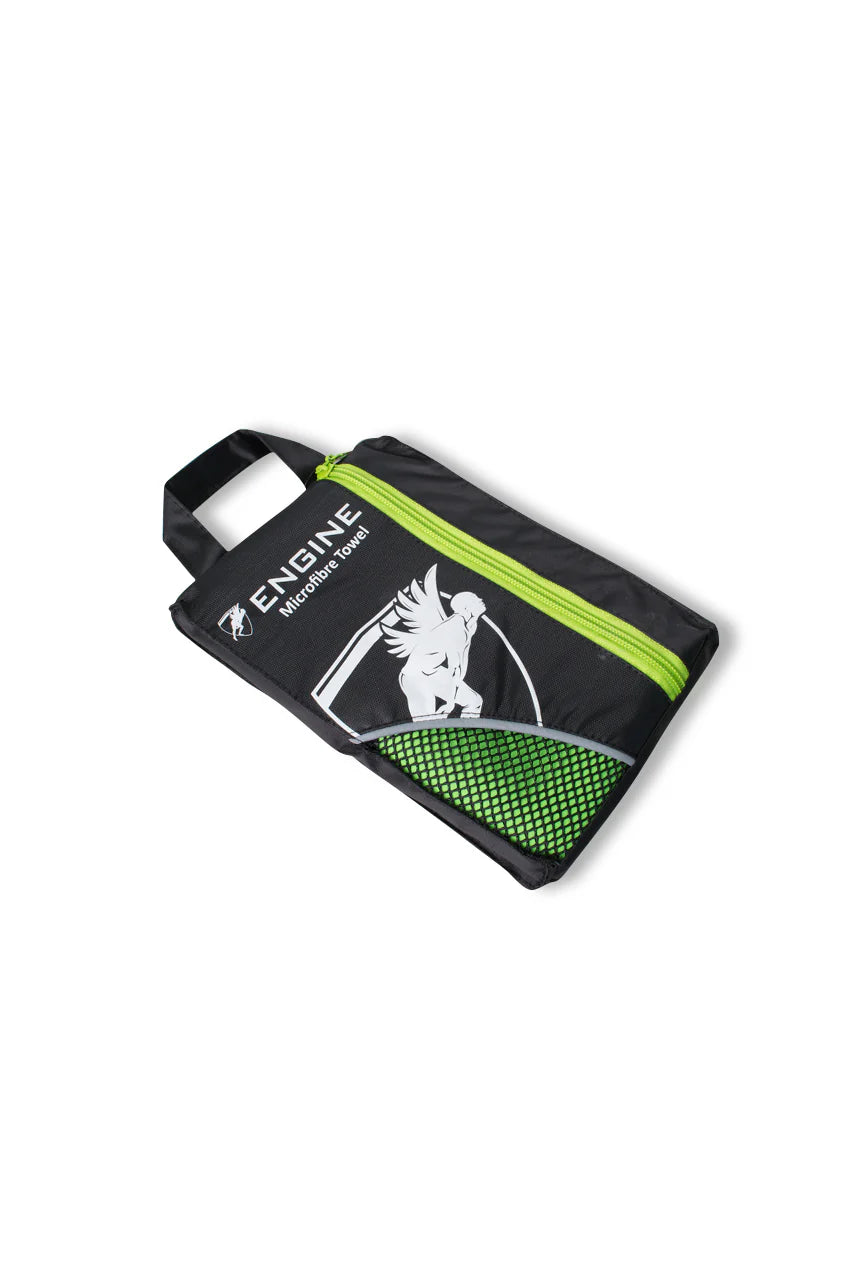Black pouch with green zipper and visible Engine brand logo on a white background