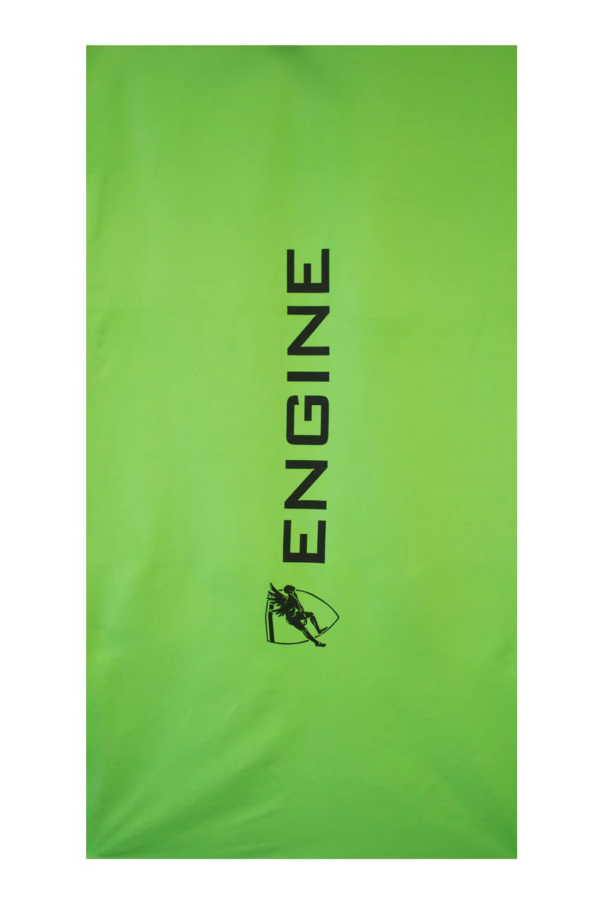 Green towel with 'ENGINE' branding on a white background