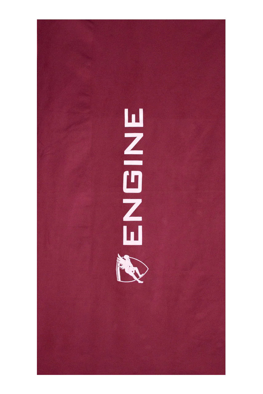 Maroon towel with 'ENGINE' logo on a white background